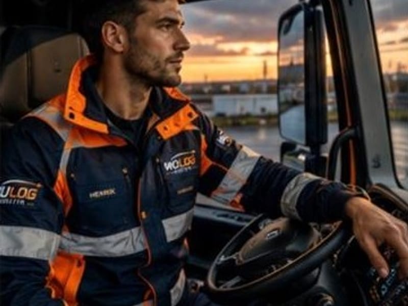 WO-LOG-Fahrer im Fahrerhaus eines Volvo FH bei Abendlicht