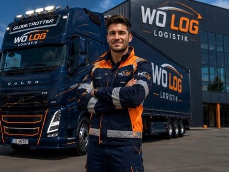 WO-LOG-Fahrer vor gebrandetem Volvo FH am Standort Coesfeld