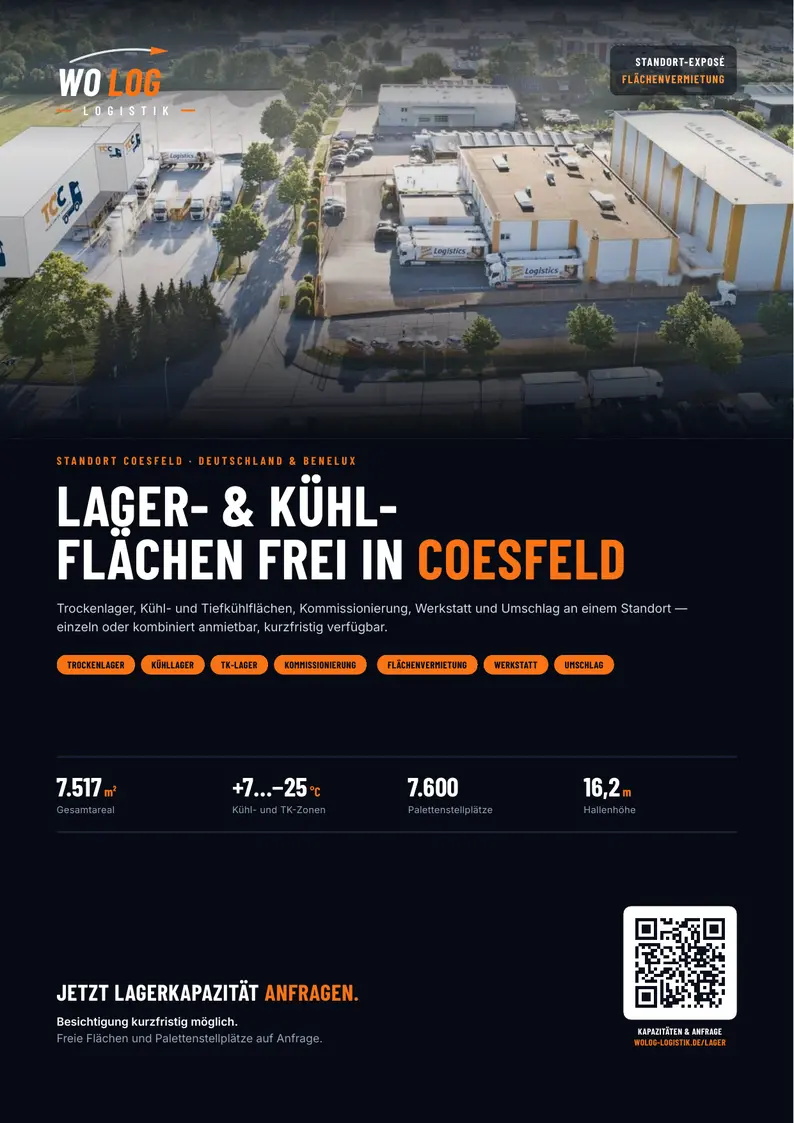 Titelseite des WO LOG Standort-Exposés — Lager- und Kühlflächen frei in Coesfeld